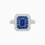 Load image into Gallery viewer, Art Deco Inspired Emerald Cut Halo Ring with Calibré Gems - Shahin Jewelry