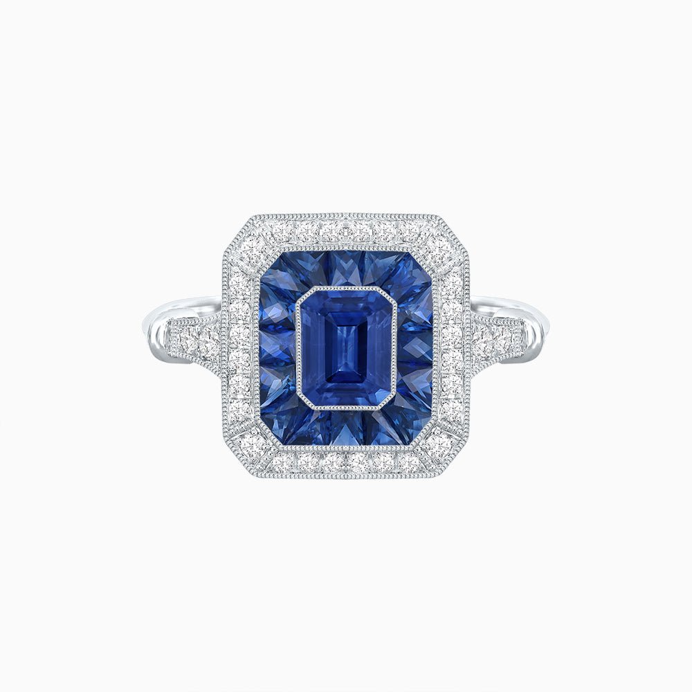 Art Deco Inspired Emerald Cut Halo Ring with Calibré Gems - Shahin Jewelry