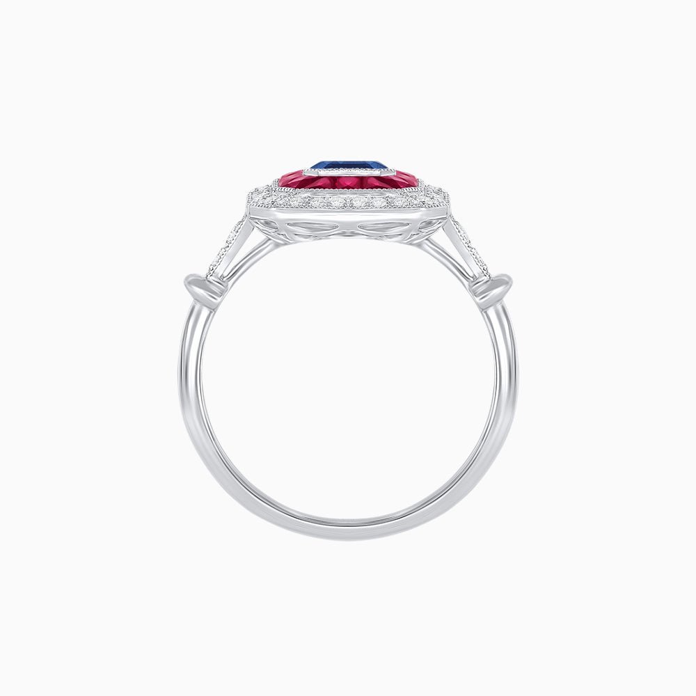 Art Deco Inspired Emerald Cut Halo Ring with Calibré Gems - Shahin Jewelry