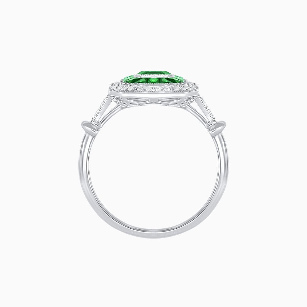 Art Deco Inspired Emerald Cut Halo Ring with Calibré Gems - Shahin Jewelry