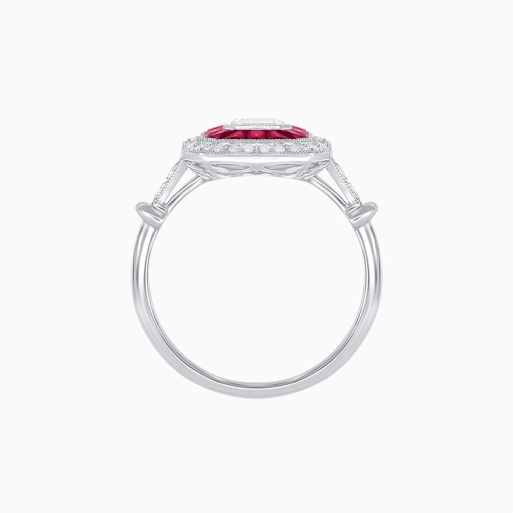 Art Deco Inspired Emerald Cut Halo Ring with Calibré Gems - Shahin Jewelry