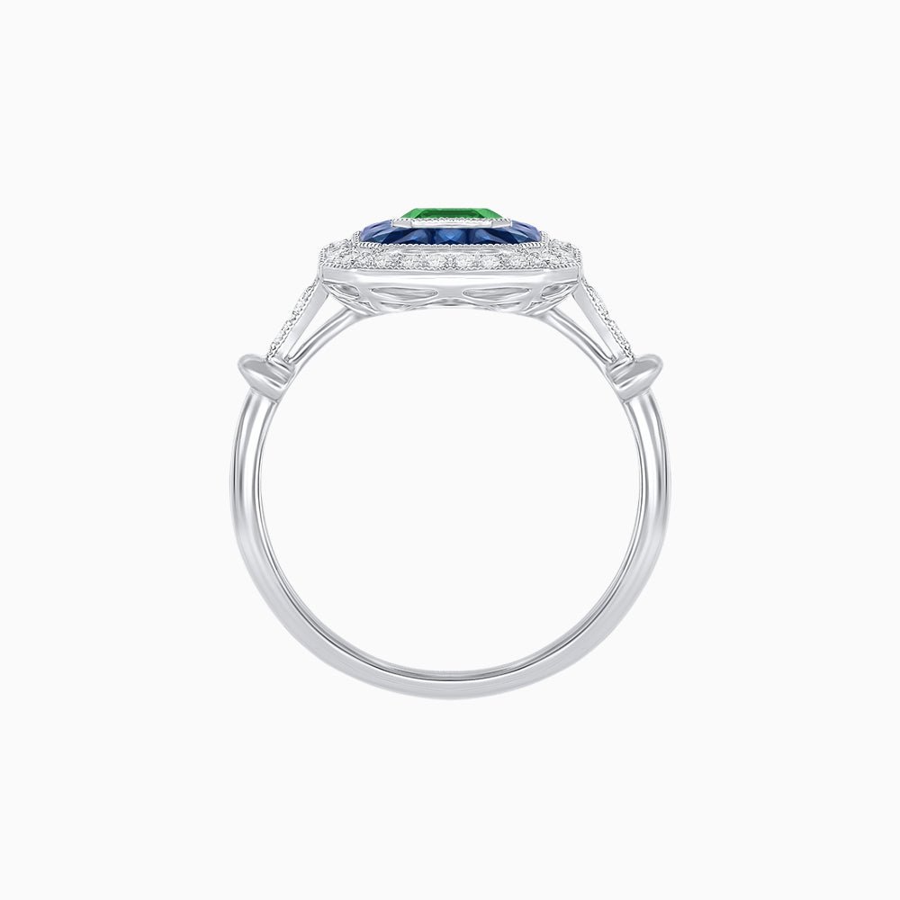 Art Deco Inspired Emerald Cut Halo Ring with Calibré Gems - Shahin Jewelry