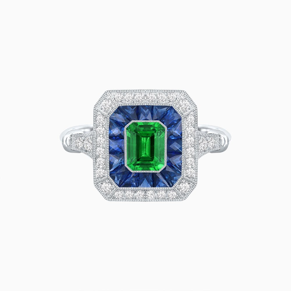 Art Deco Inspired Emerald Cut Halo Ring with Calibré Gems - Shahin Jewelry