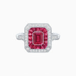 Load image into Gallery viewer, Art Deco Inspired Emerald Cut Halo Ring with Calibré Gems - Shahin Jewelry