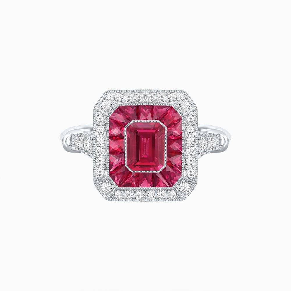 Art Deco Inspired Emerald Cut Halo Ring with Calibré Gems - Shahin Jewelry