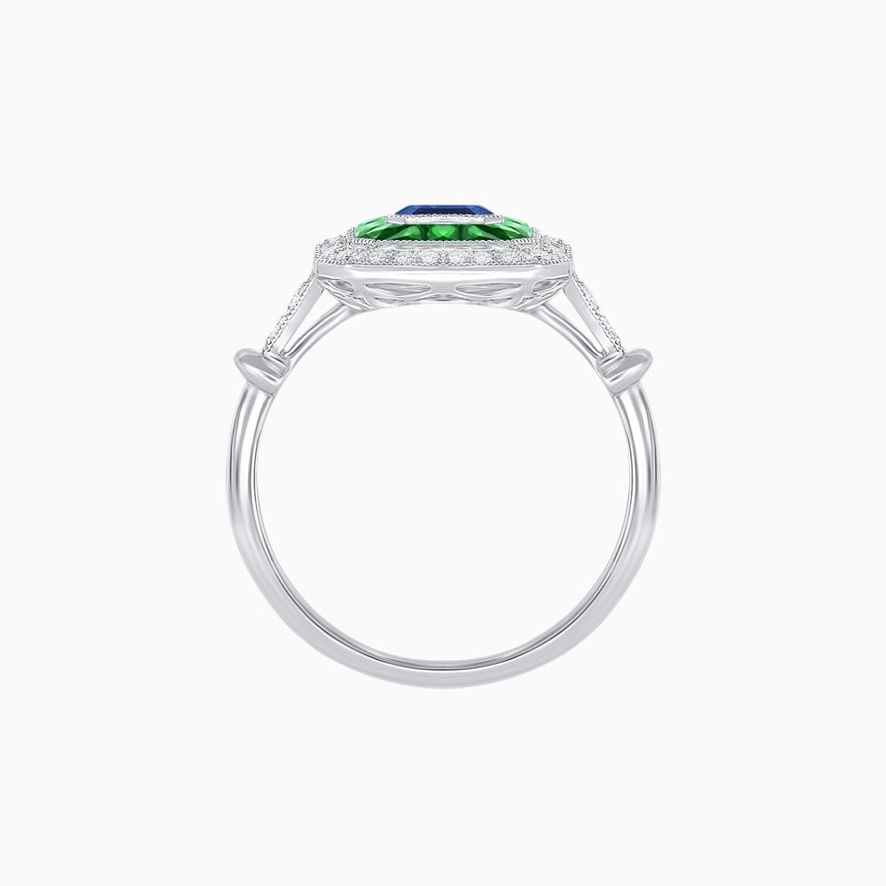 Art Deco Inspired Emerald Cut Halo Ring with Calibré Gems - Shahin Jewelry