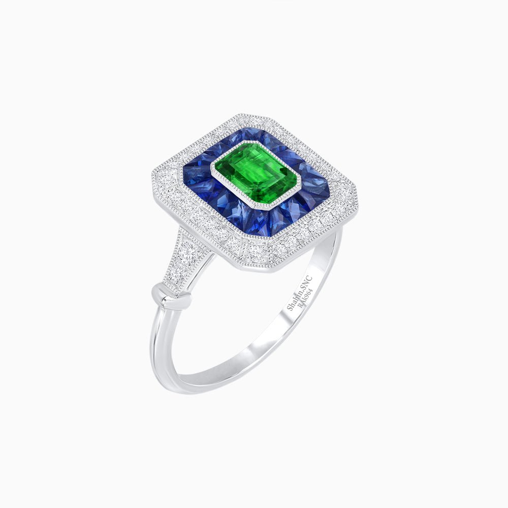 Art Deco Inspired Emerald Cut Halo Ring with Calibré Gems - Shahin Jewelry