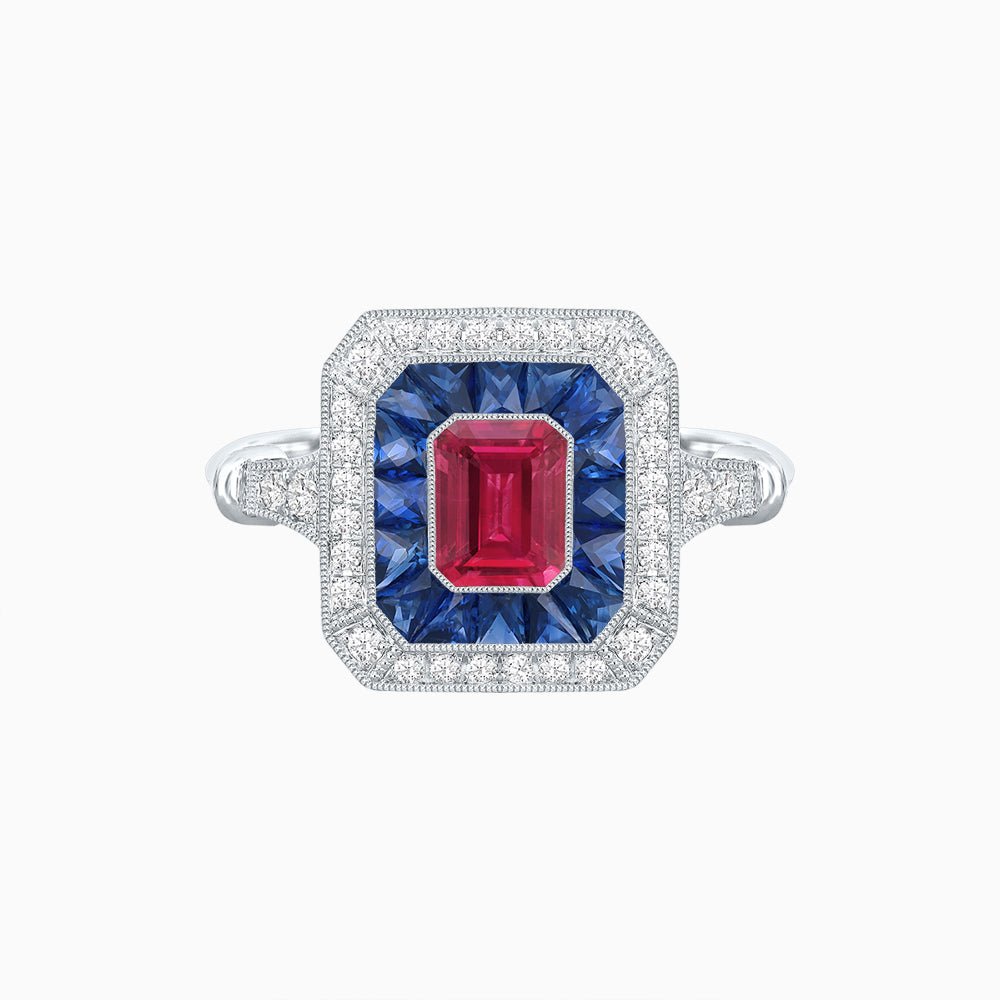 Art Deco Inspired Emerald Cut Halo Ring with Calibré Gems - Shahin Jewelry