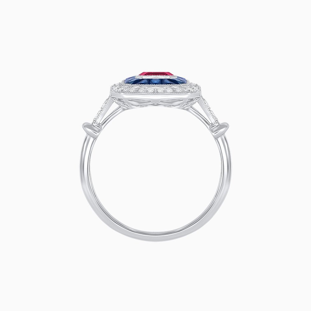 Art Deco Inspired Emerald Cut Halo Ring with Calibré Gems - Shahin Jewelry