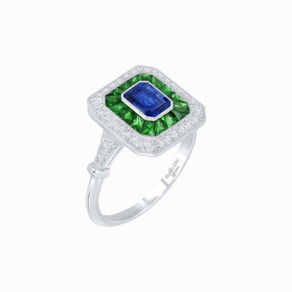 Art Deco Inspired Emerald Cut Halo Ring with Calibré Gems - Shahin Jewelry