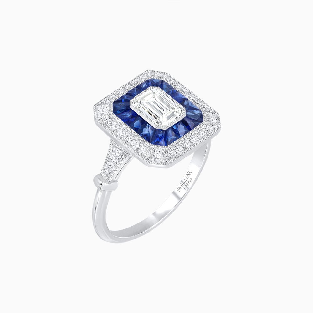 Art Deco Inspired Emerald Cut Halo Ring with Calibré Gems - Shahin Jewelry