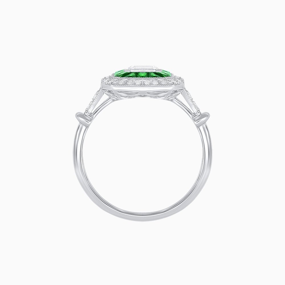 Art Deco Inspired Emerald Cut Halo Ring with Calibré Gems - Shahin Jewelry
