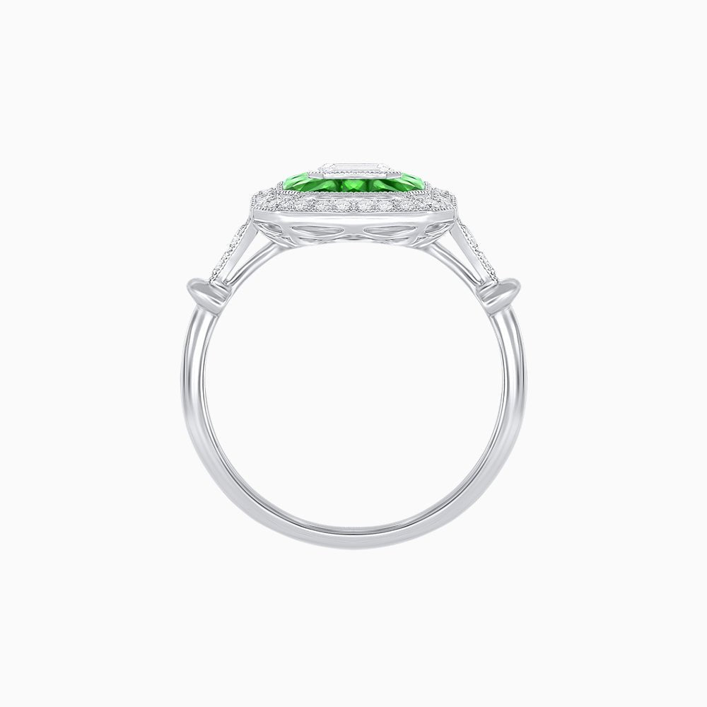 Art Deco Inspired Emerald Cut Halo Ring with Calibré Gems - Shahin Jewelry