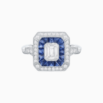 Load image into Gallery viewer, Art Deco Inspired Emerald Cut Halo Ring with Calibré Gems - Shahin Jewelry