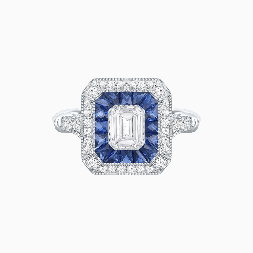 Art Deco Inspired Emerald Cut Halo Ring with Calibré Gems - Shahin Jewelry