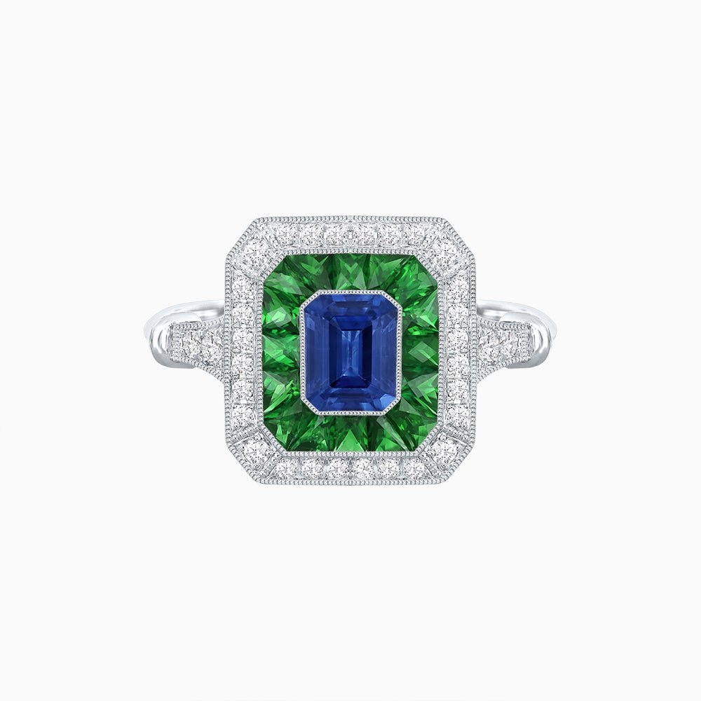 Art Deco Inspired Emerald Cut Halo Ring with Calibré Gems - Shahin Jewelry