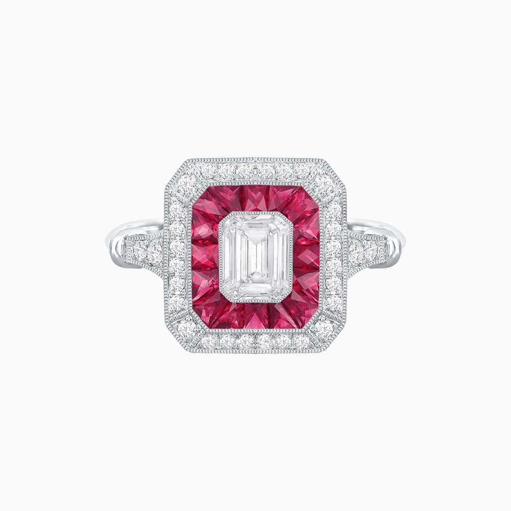 Art Deco Inspired Emerald Cut Halo Ring with Calibré Gems - Shahin Jewelry