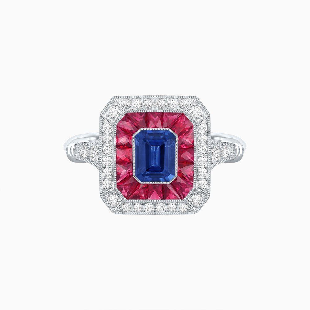 Art Deco Inspired Emerald Cut Halo Ring with Calibré Gems - Shahin Jewelry