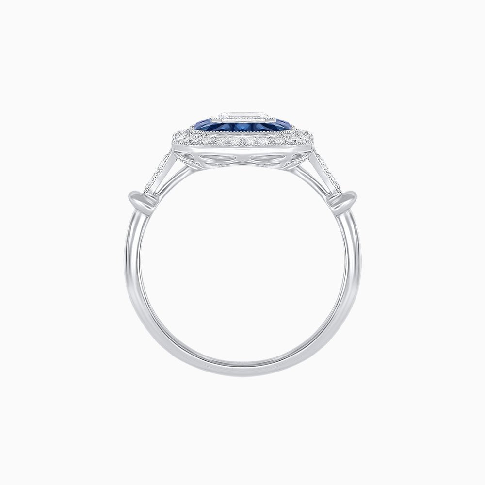 Art Deco Inspired Emerald Cut Halo Ring with Calibré Gems - Shahin Jewelry
