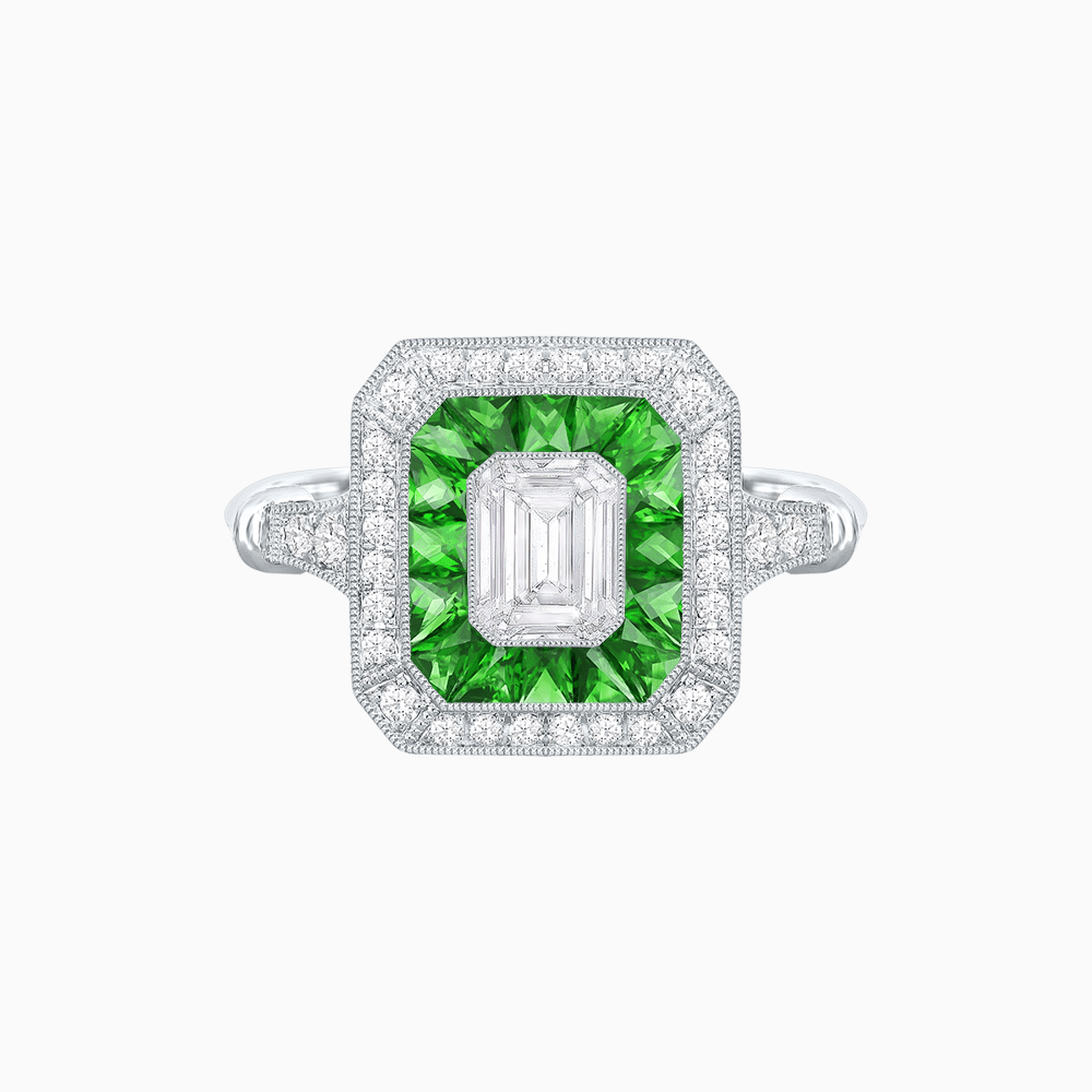 Art Deco Inspired Emerald Cut Halo Ring with Calibré Gems - Shahin Jewelry