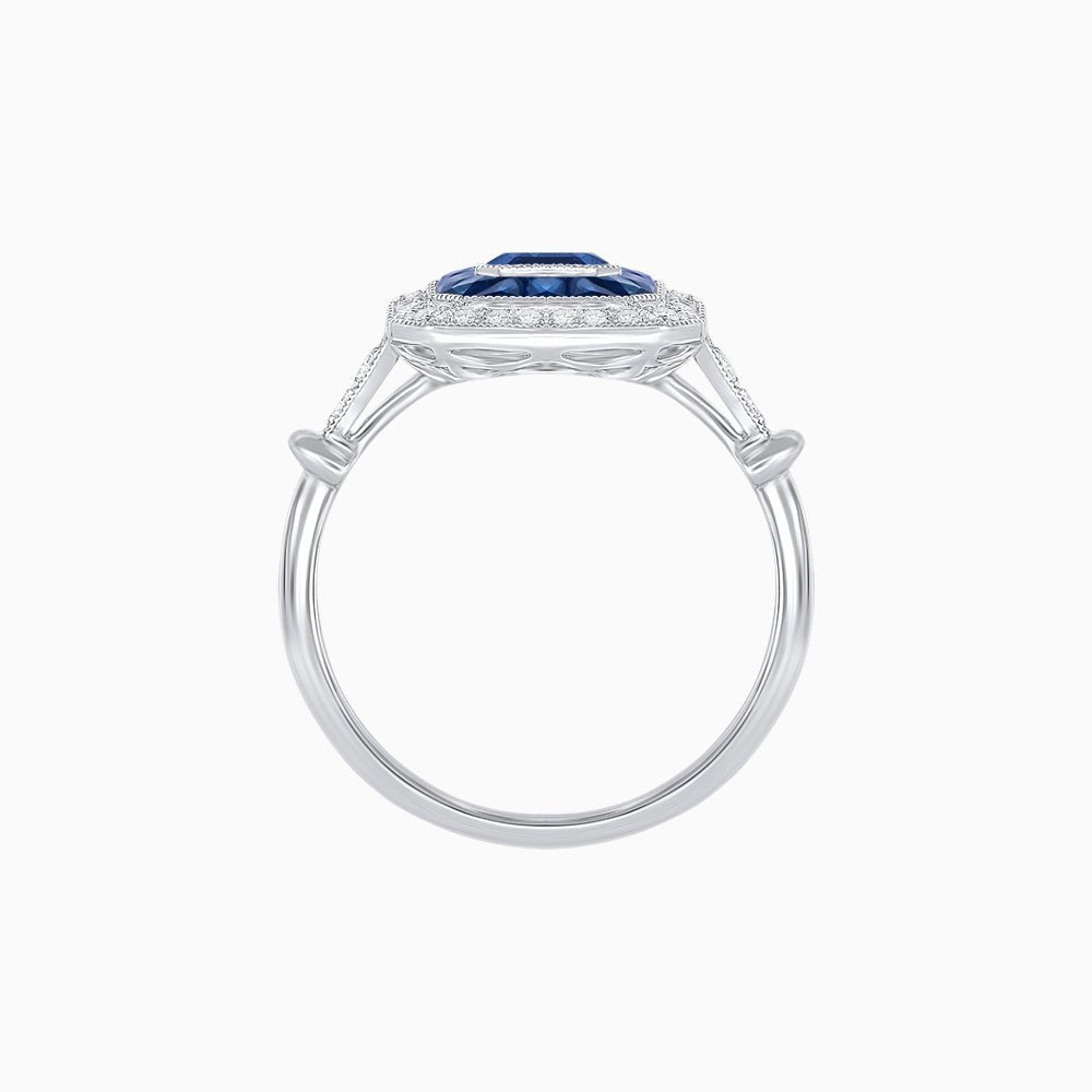 Art Deco Inspired Emerald Cut Halo Ring with Calibré Gems - Shahin Jewelry