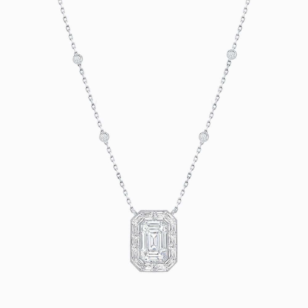 Art Deco Inspired Emerald Cut Necklace with Baguette Diamond Halo - Shahin Jewelry