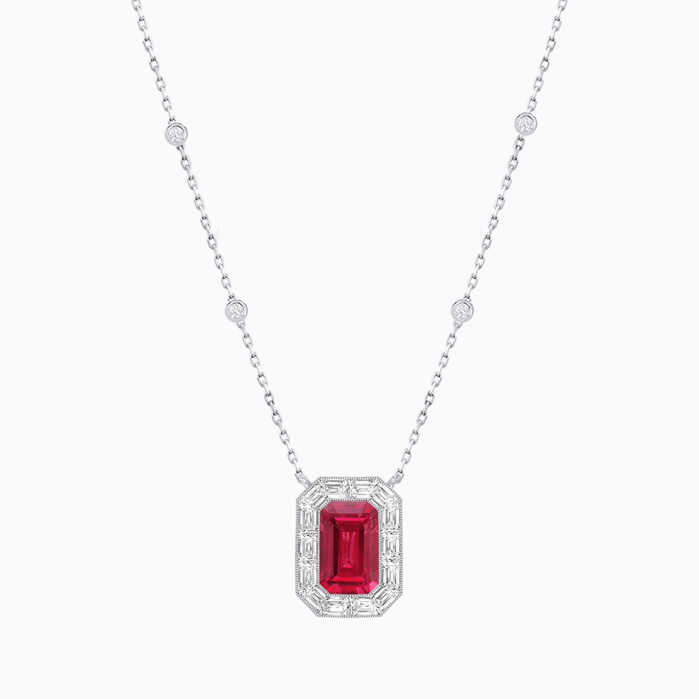 Art Deco Inspired Emerald Cut Necklace with Baguette Diamond Halo - Shahin Jewelry