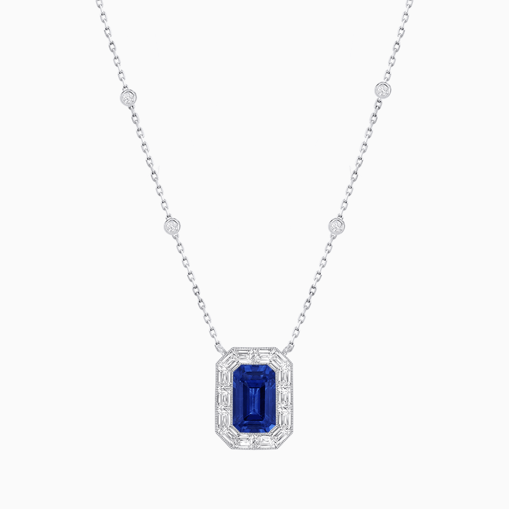 Art Deco Inspired Emerald Cut Necklace with Baguette Diamond Halo - Shahin Jewelry