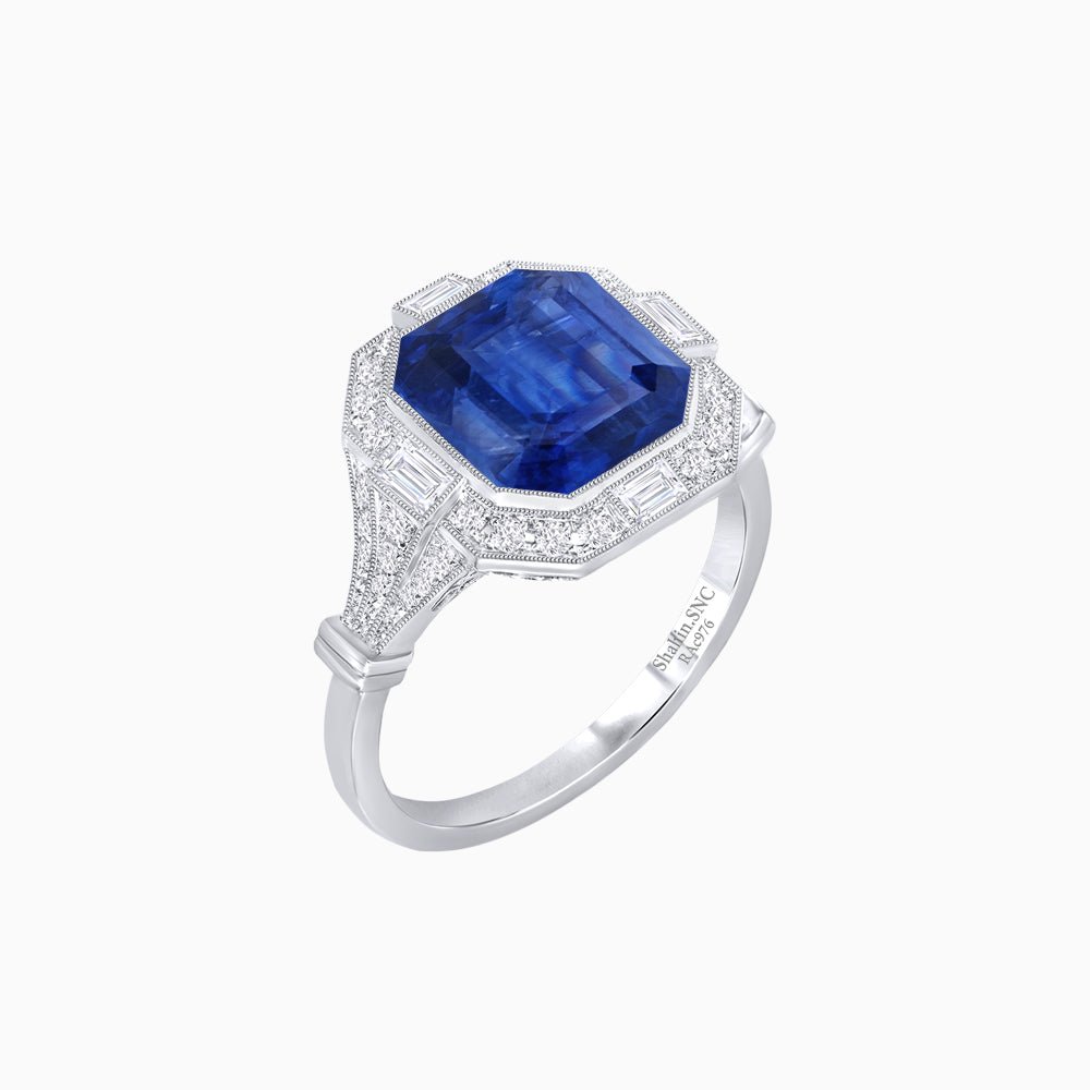 Art Deco Inspired Emerald Cut Octagonal Halo Diamond Ring - Shahin Jewelry