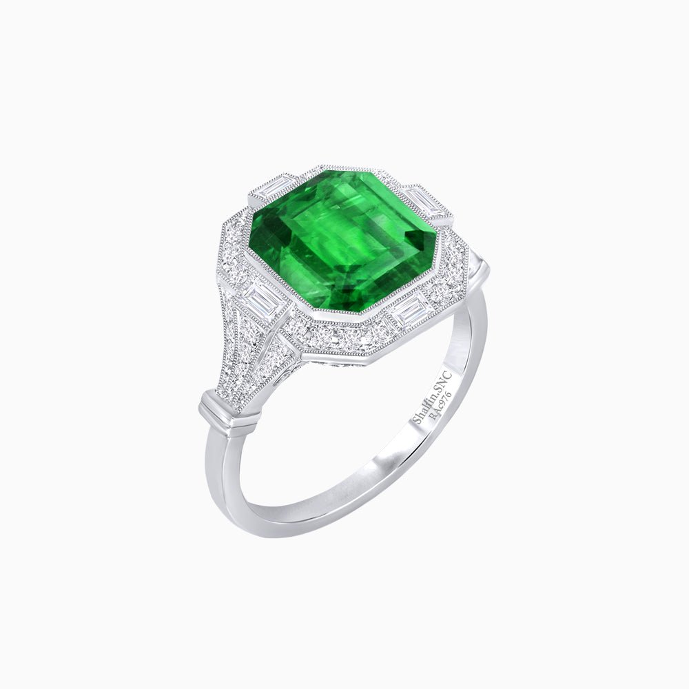 Art Deco Inspired Emerald Cut Octagonal Halo Diamond Ring - Shahin Jewelry