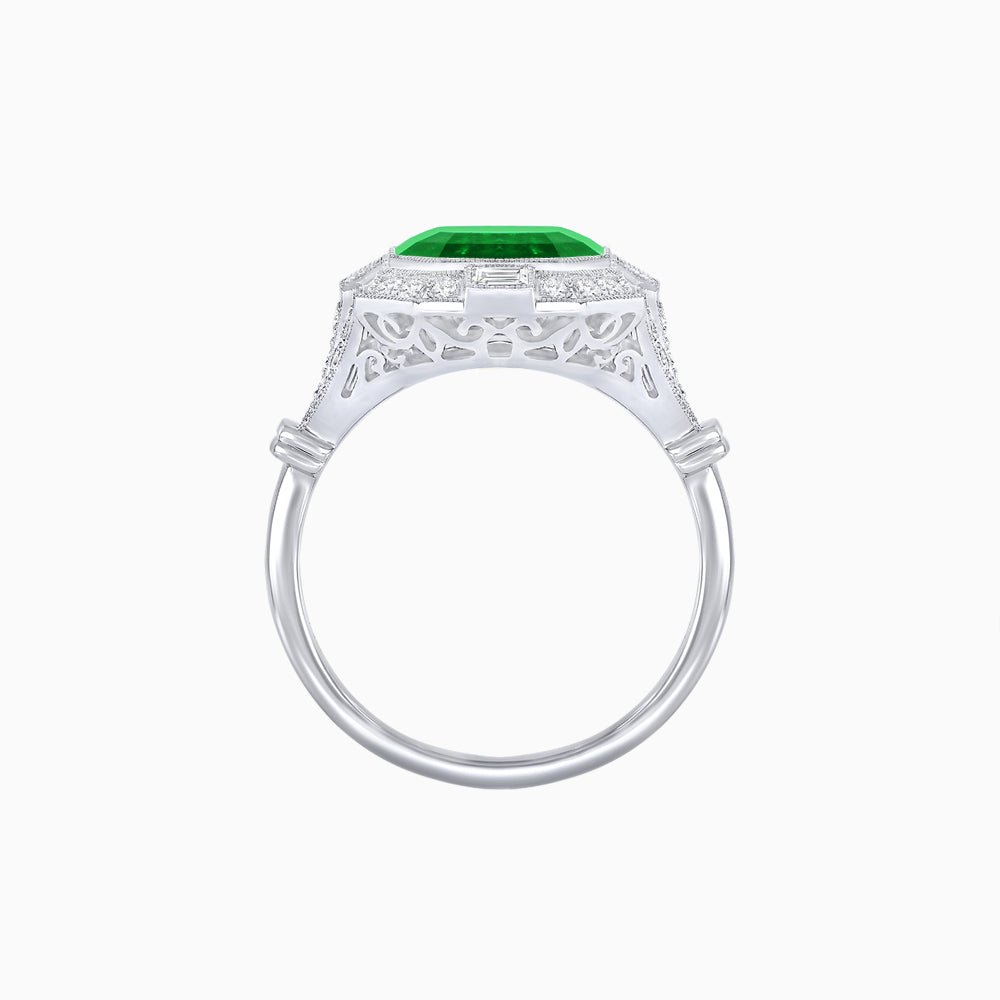 Art Deco Inspired Emerald Cut Octagonal Halo Diamond Ring - Shahin Jewelry