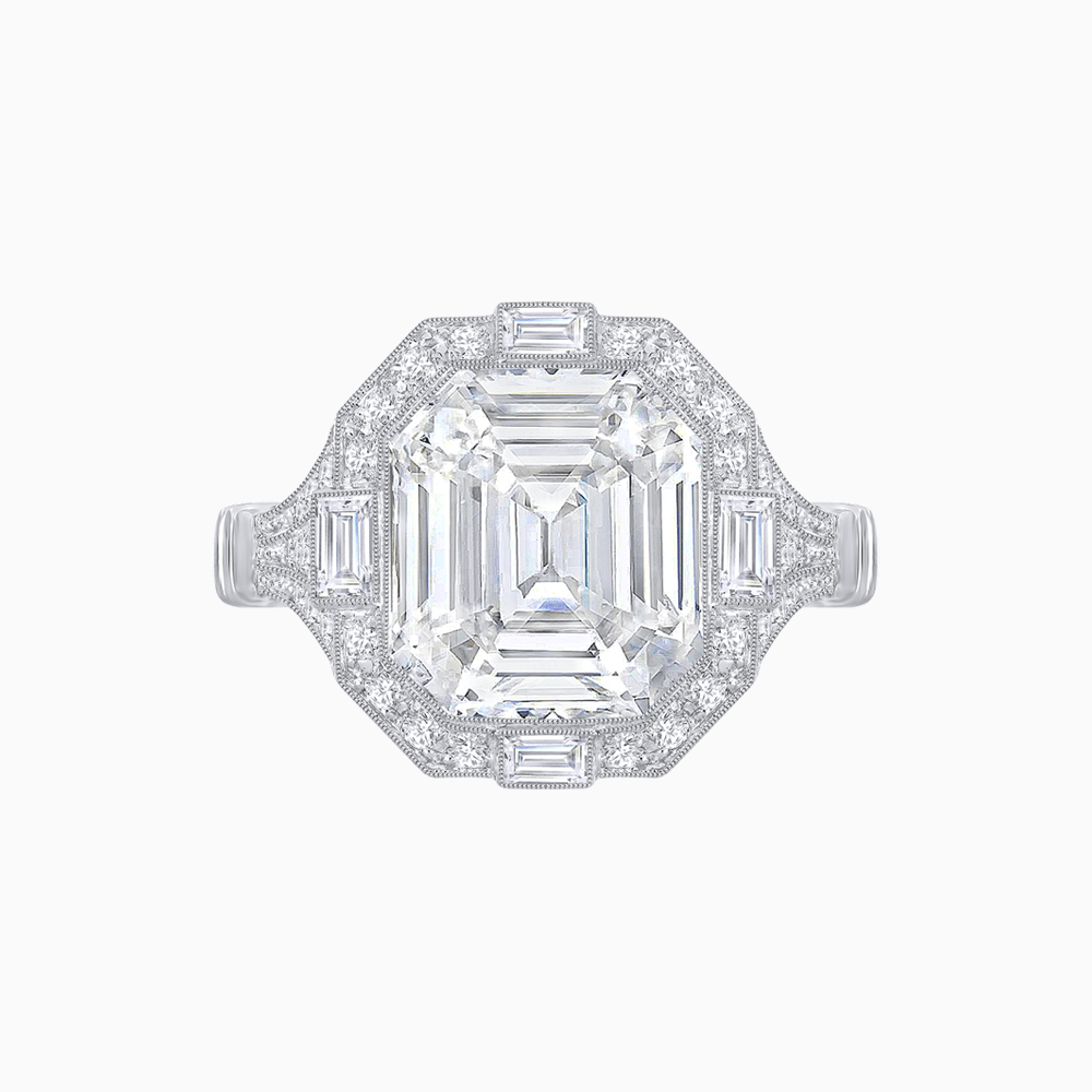 Art Deco Inspired Emerald Cut Octagonal Halo Diamond Ring - Shahin Jewelry