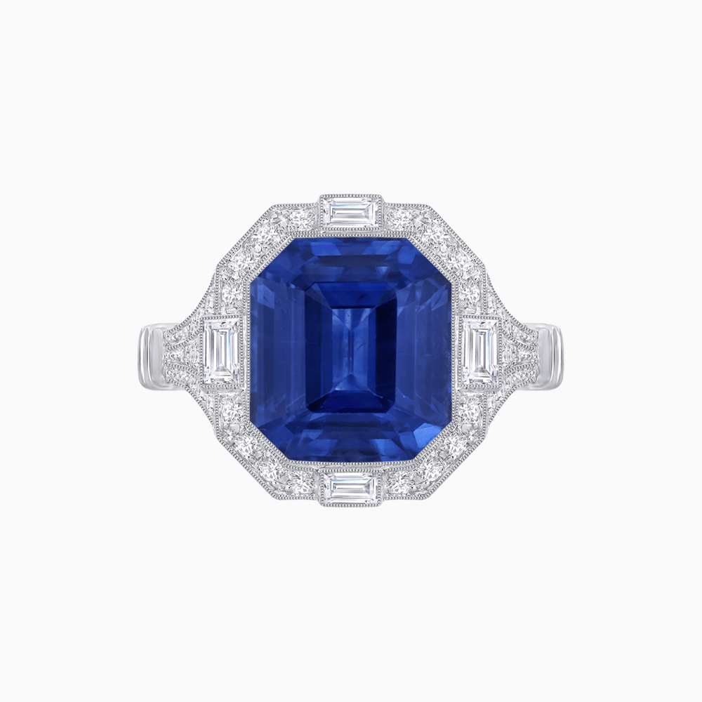 Art Deco Inspired Emerald Cut Octagonal Halo Diamond Ring - Shahin Jewelry