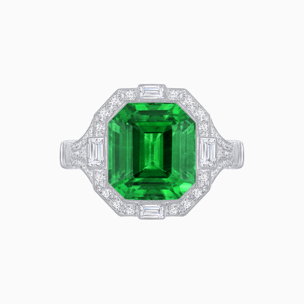 Art Deco Inspired Emerald Cut Octagonal Halo Diamond Ring - Shahin Jewelry