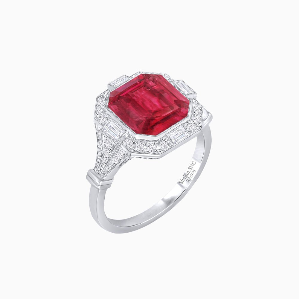 Art Deco Inspired Emerald Cut Octagonal Halo Diamond Ring - Shahin Jewelry