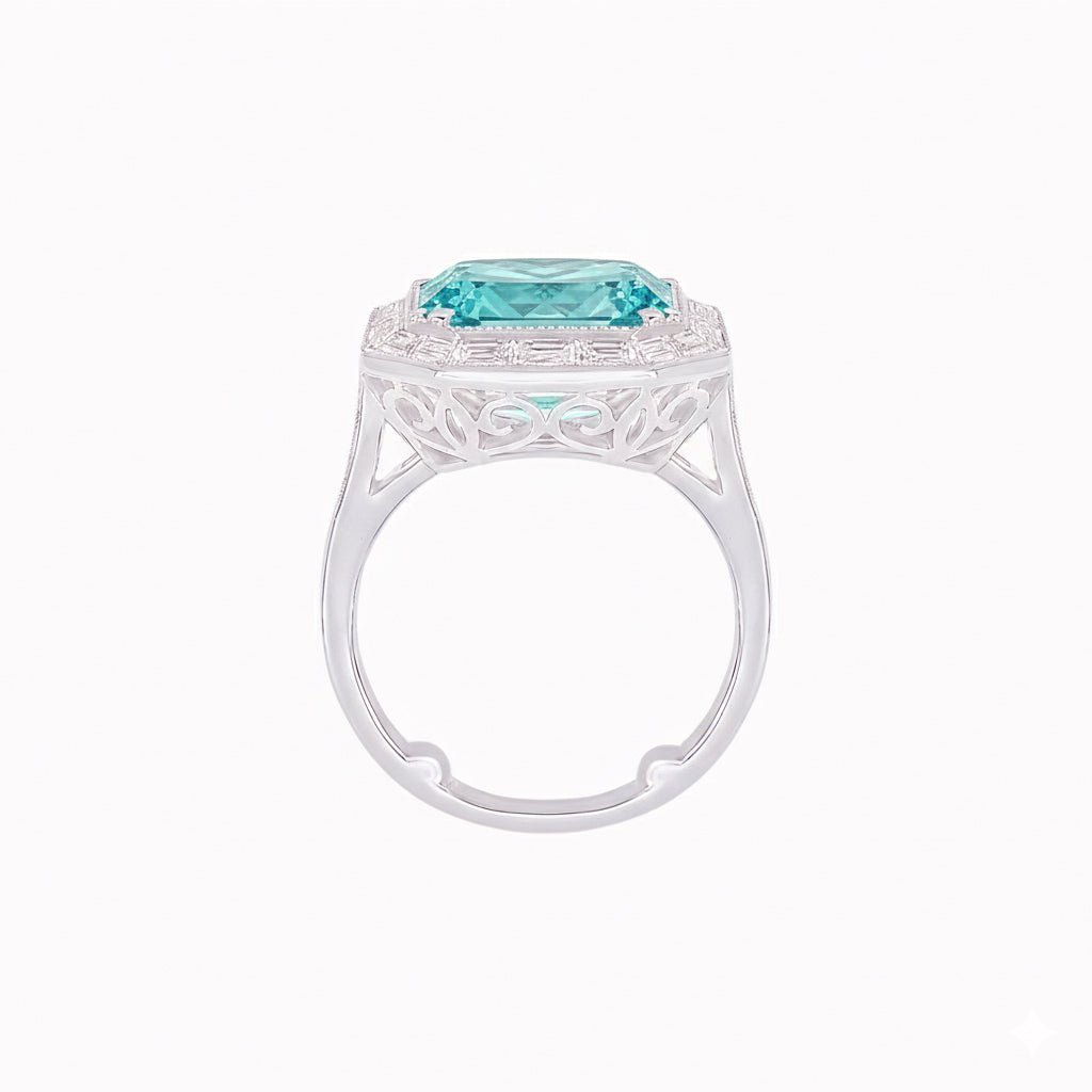 Art Deco Inspired Emerald Cut Ring with Baguette Diamond Halo - Shahin Jewelry
