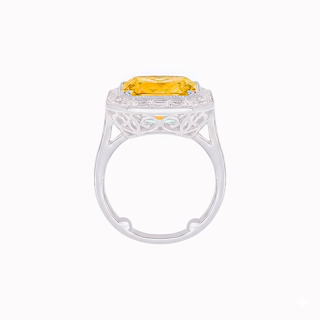 Art Deco Inspired Emerald Cut Ring with Baguette Diamond Halo - Shahin Jewelry
