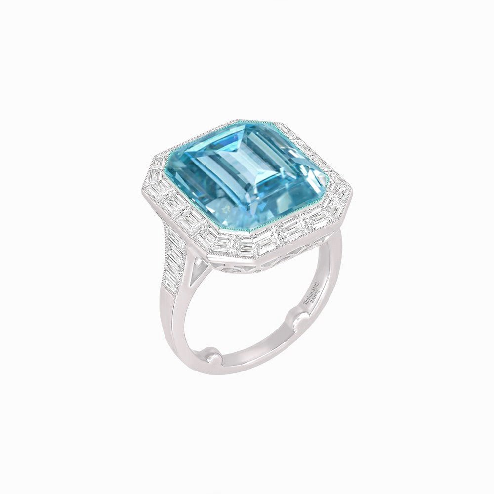 Art Deco Inspired Emerald Cut Ring with Baguette Diamond Halo - Shahin Jewelry