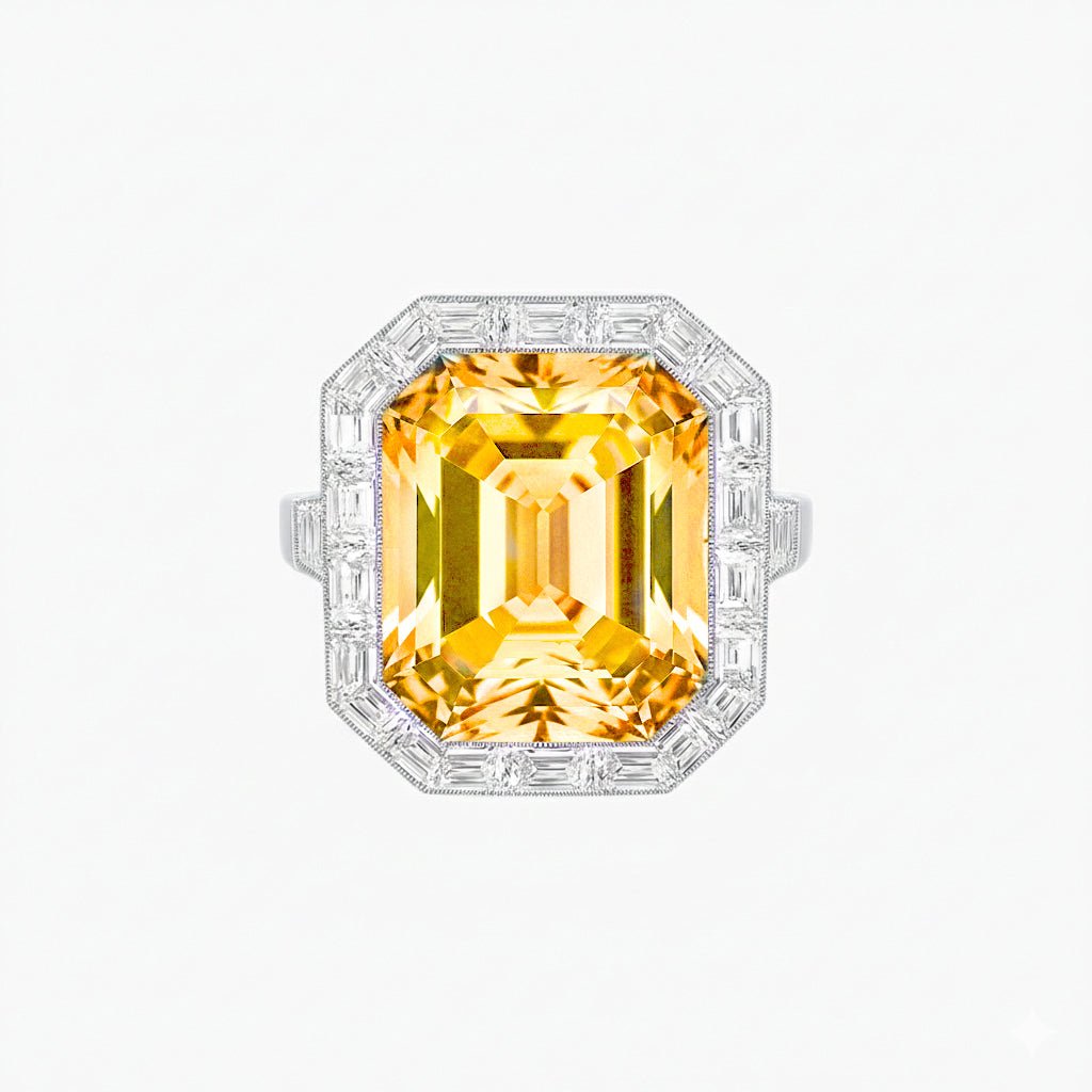 Art Deco Inspired Emerald Cut Ring with Baguette Diamond Halo - Shahin Jewelry
