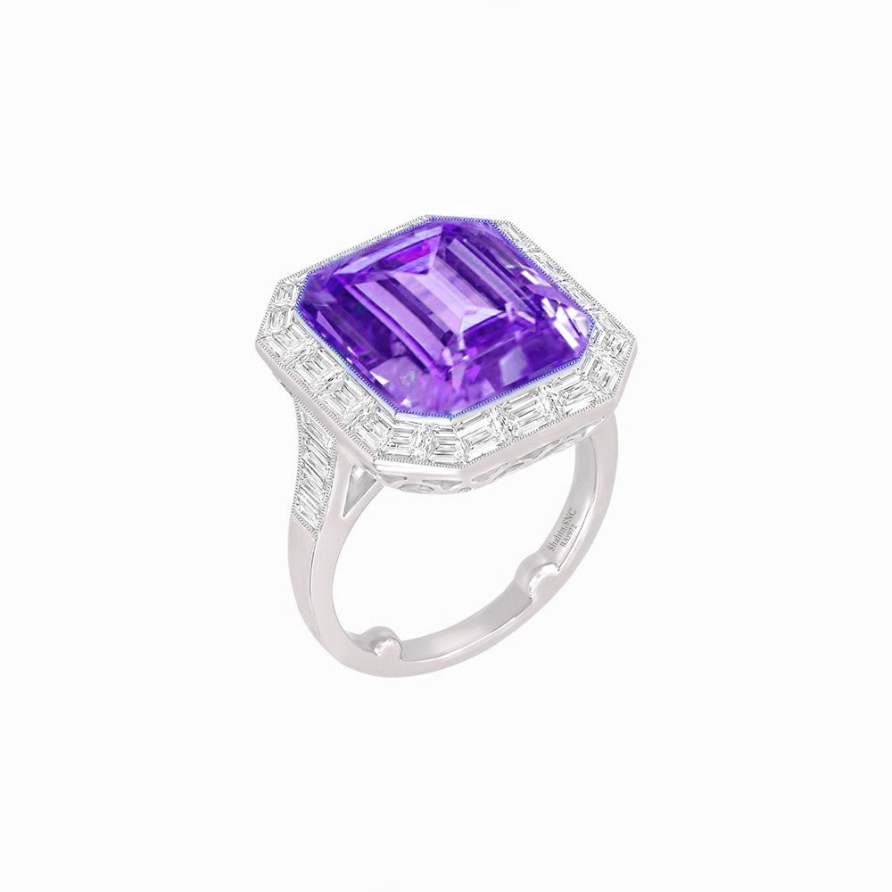 Art Deco Inspired Emerald Cut Ring with Baguette Diamond Halo - Shahin Jewelry