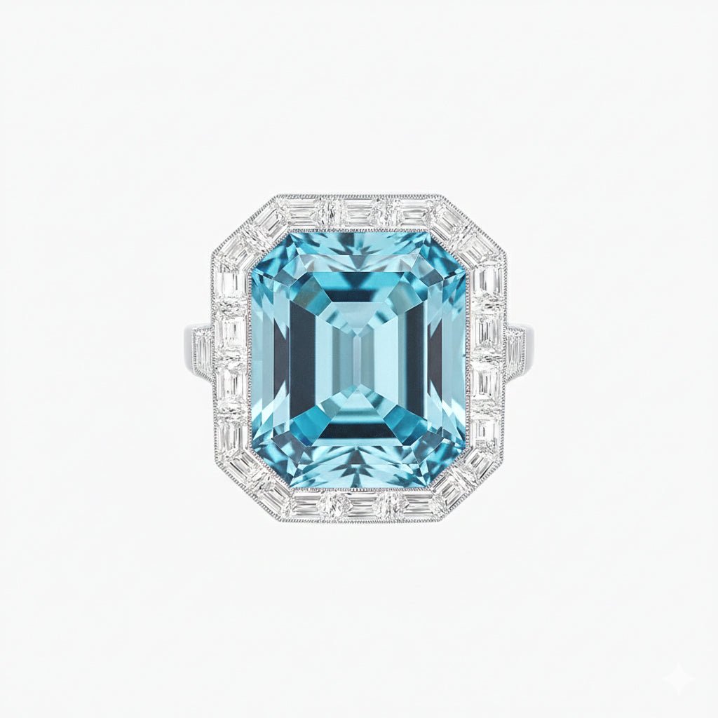 Art Deco Inspired Emerald Cut Ring with Baguette Diamond Halo - Shahin Jewelry