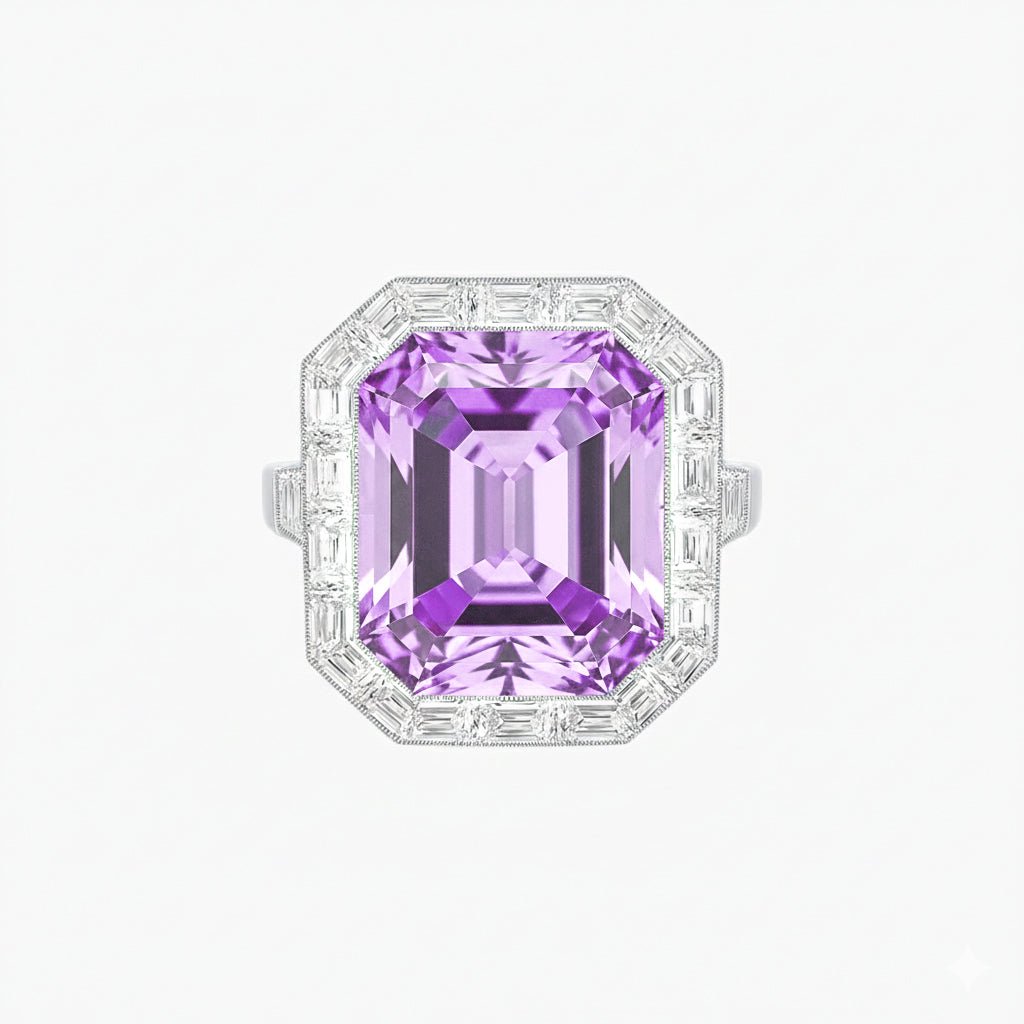 Art Deco Inspired Emerald Cut Ring with Baguette Diamond Halo - Shahin Jewelry