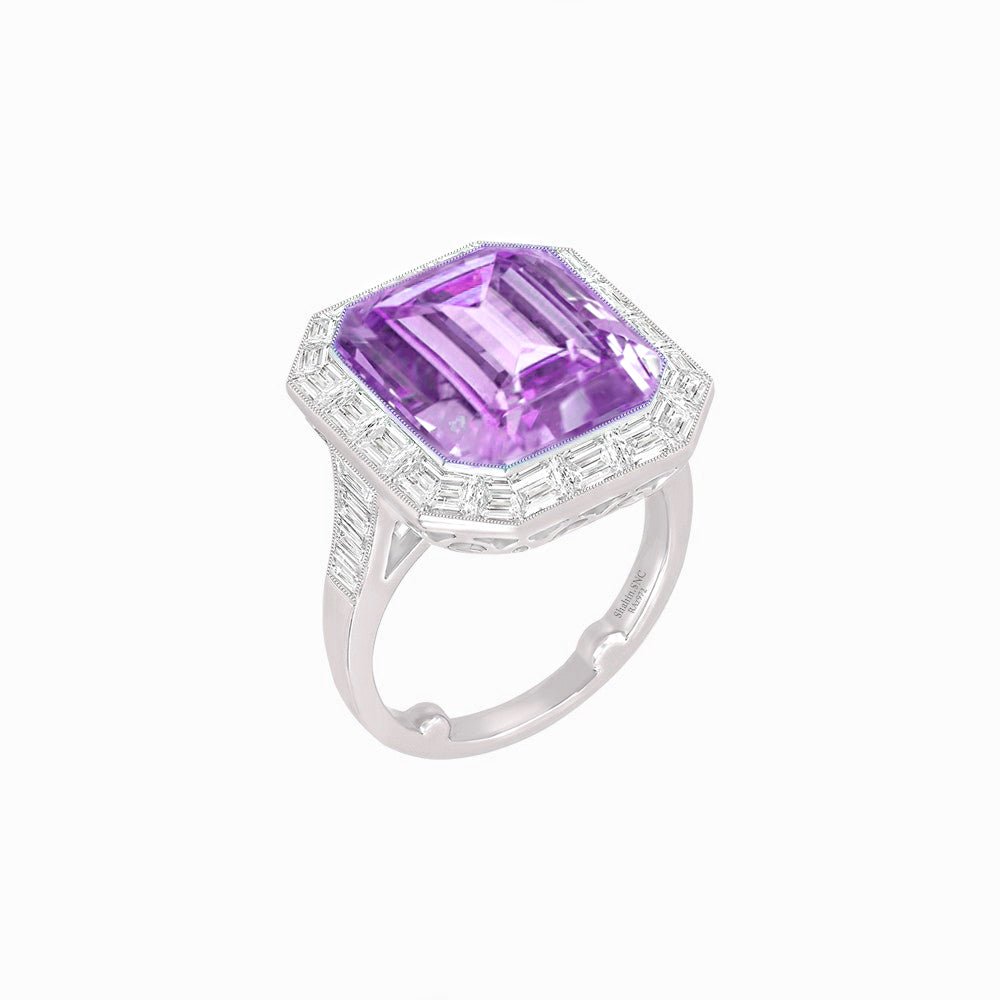 Art Deco Inspired Emerald Cut Ring with Baguette Diamond Halo - Shahin Jewelry