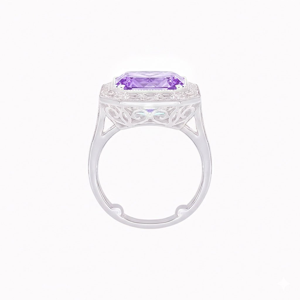 Art Deco Inspired Emerald Cut Ring with Baguette Diamond Halo - Shahin Jewelry