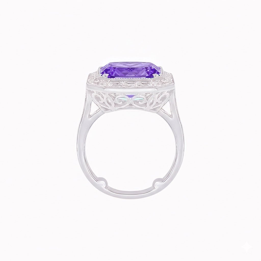 Art Deco Inspired Emerald Cut Ring with Baguette Diamond Halo - Shahin Jewelry