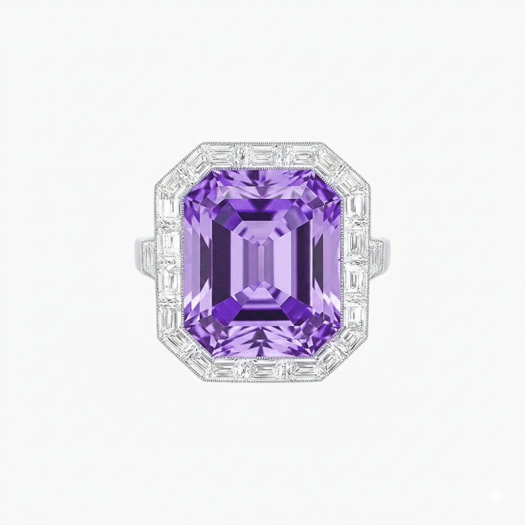 Art Deco Inspired Emerald Cut Ring with Baguette Diamond Halo - Shahin Jewelry