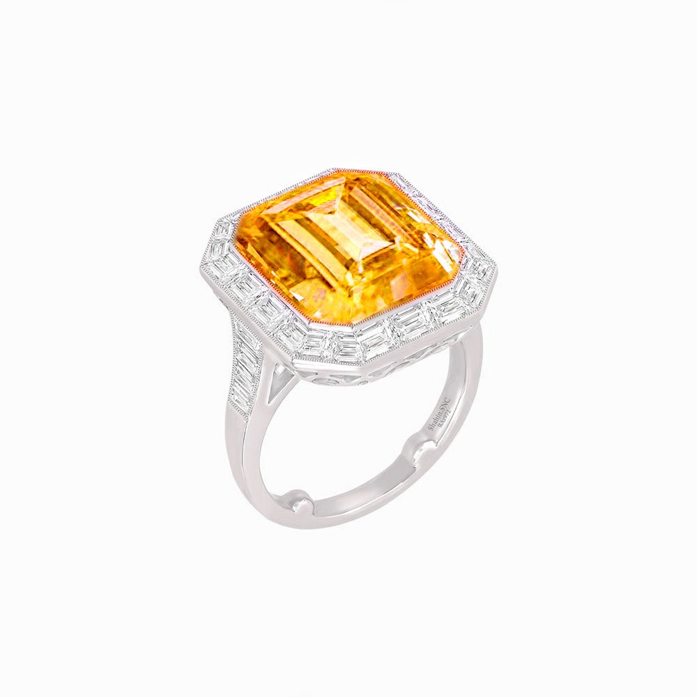 Art Deco Inspired Emerald Cut Ring with Baguette Diamond Halo - Shahin Jewelry