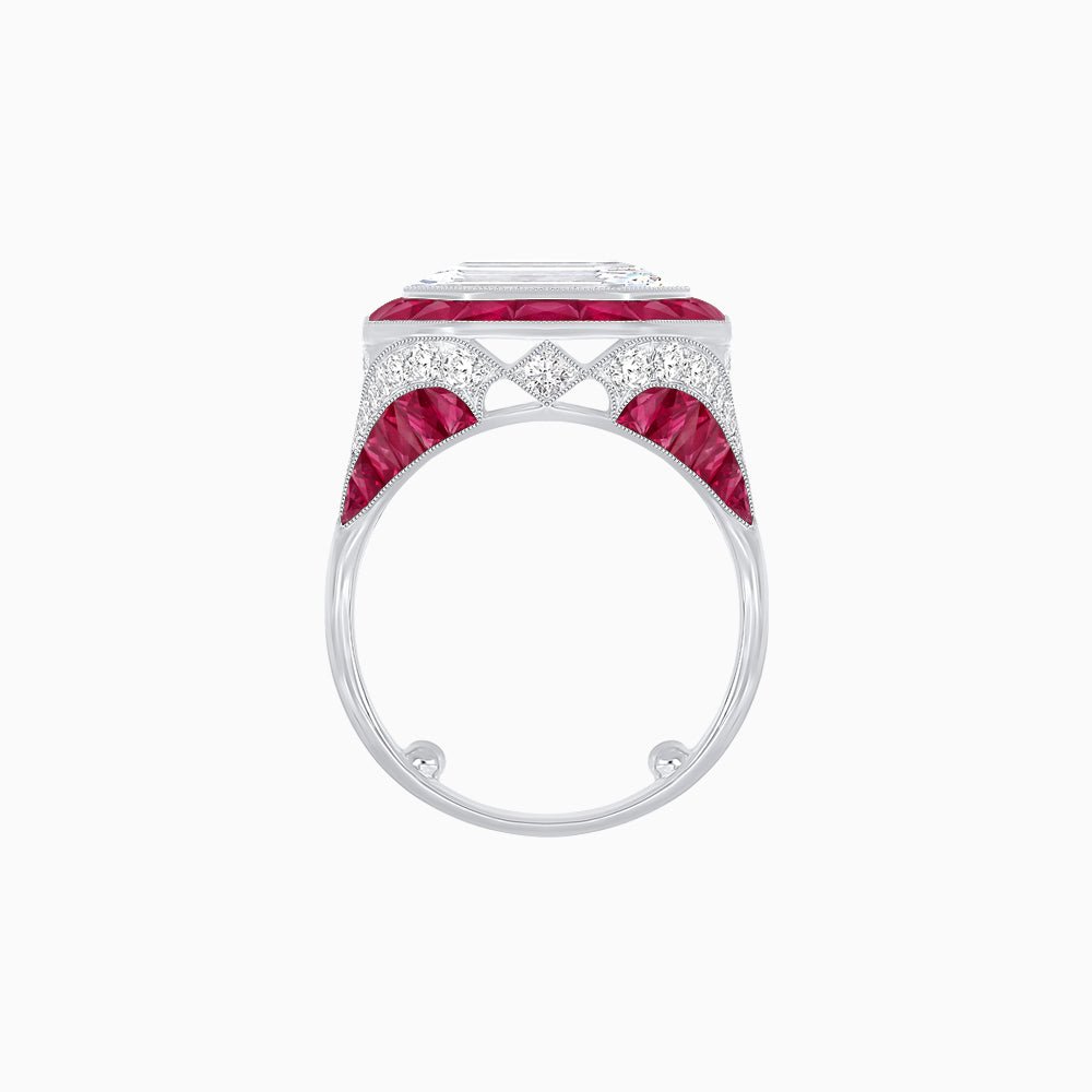 Art Deco Inspired Emerald Cut Ring with Calibré Gemstone Halo - Shahin Jewelry
