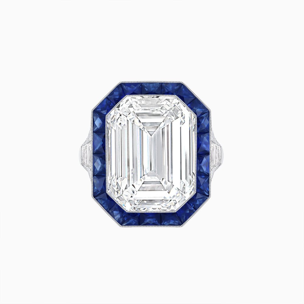 Art Deco Inspired Emerald Cut Ring with Calibré Gemstone Halo - Shahin Jewelry
