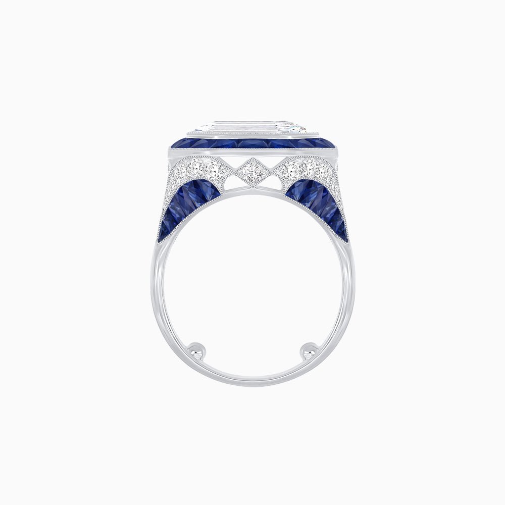 Art Deco Inspired Emerald Cut Ring with Calibré Gemstone Halo - Shahin Jewelry